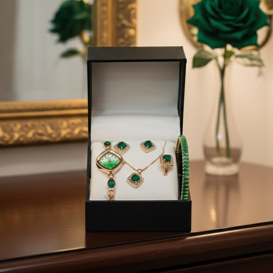 Chic Digital Display Watch With Emerald Green Jewellery
