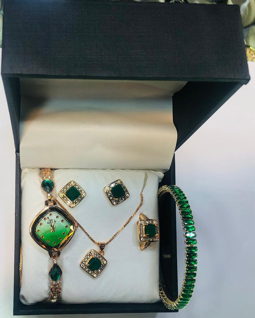 Chic Digital Display Watch With Emerald Green Jewellery